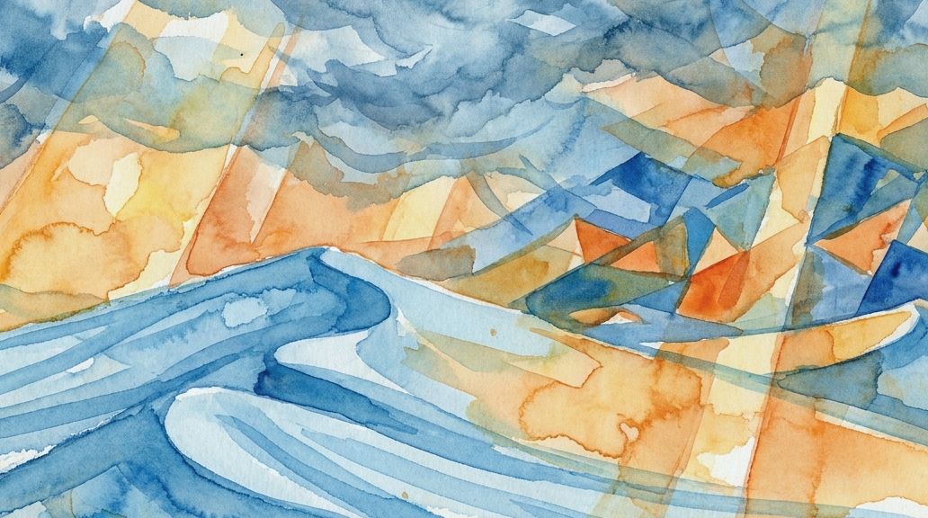 A watercolor shows flowing blue dune shapes beneath an orange and blue sky with sun rays.