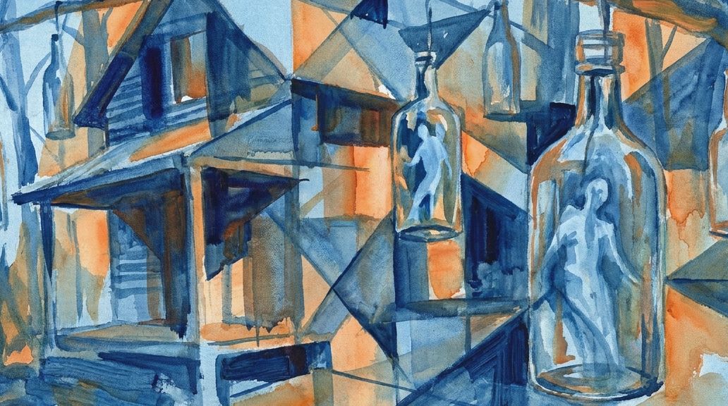 A blue and orange watercolor shows bottles hanging from a tree near a house, linked to superstition.