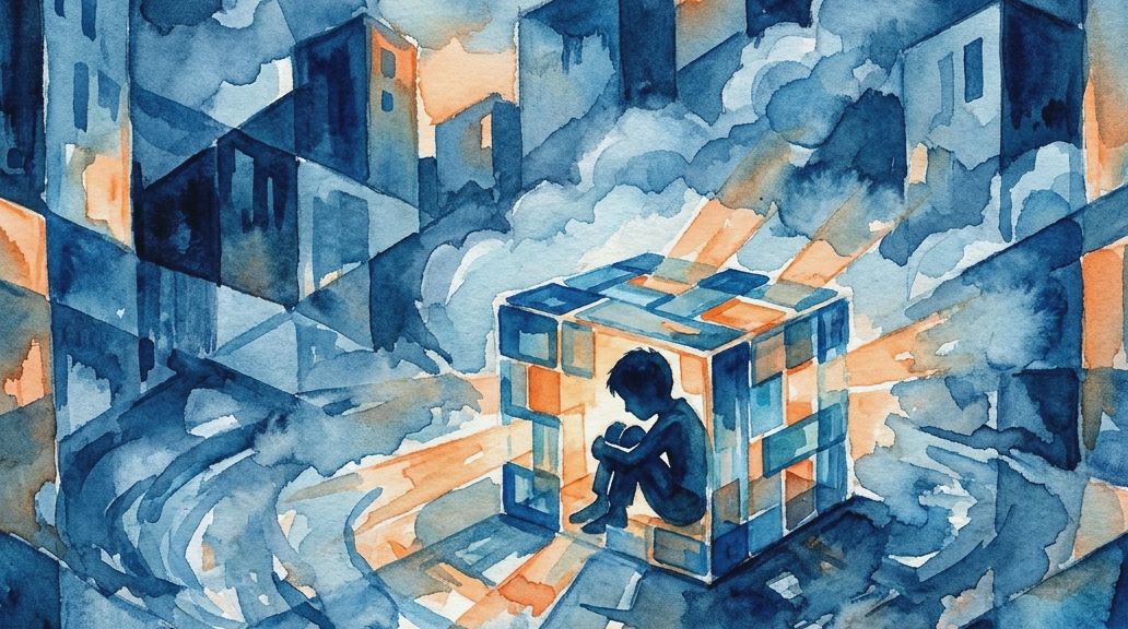 A watercolor illustration of a boy crouched in a glowing box within a blue and orange city.