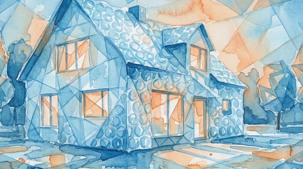 A watercolor painting of a house features bubble wrap textured walls in blue and orange light.