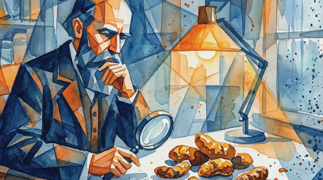 An angular watercolor in blues and oranges shows a man studying fossilized dung with a magnifier.