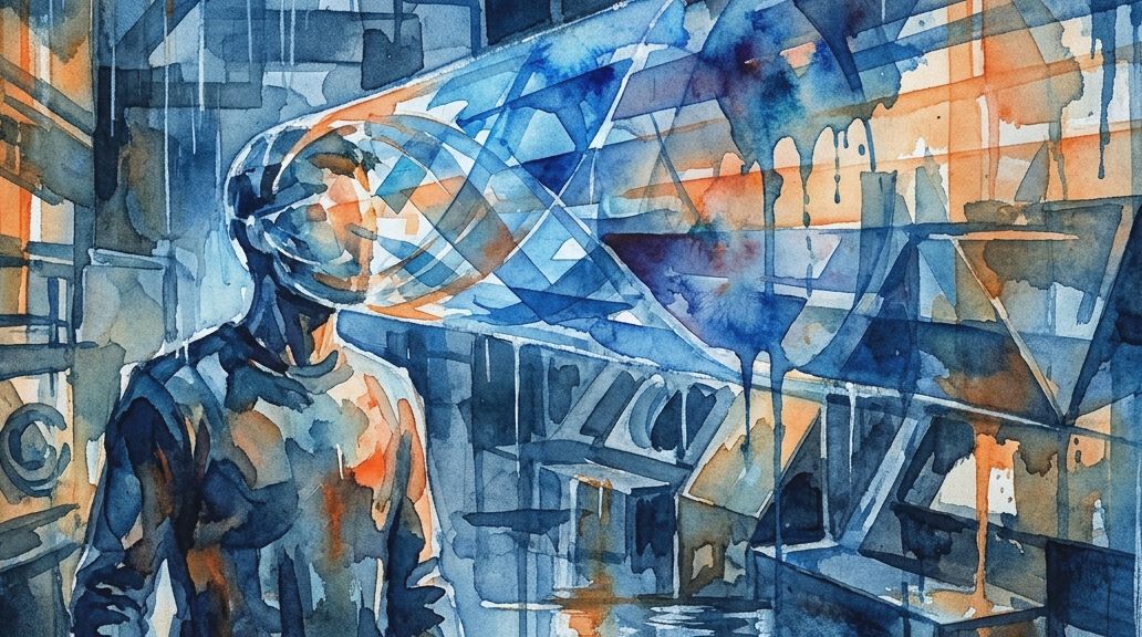A watercolor painting in blues and oranges shows a massive beam passing through a man's head.