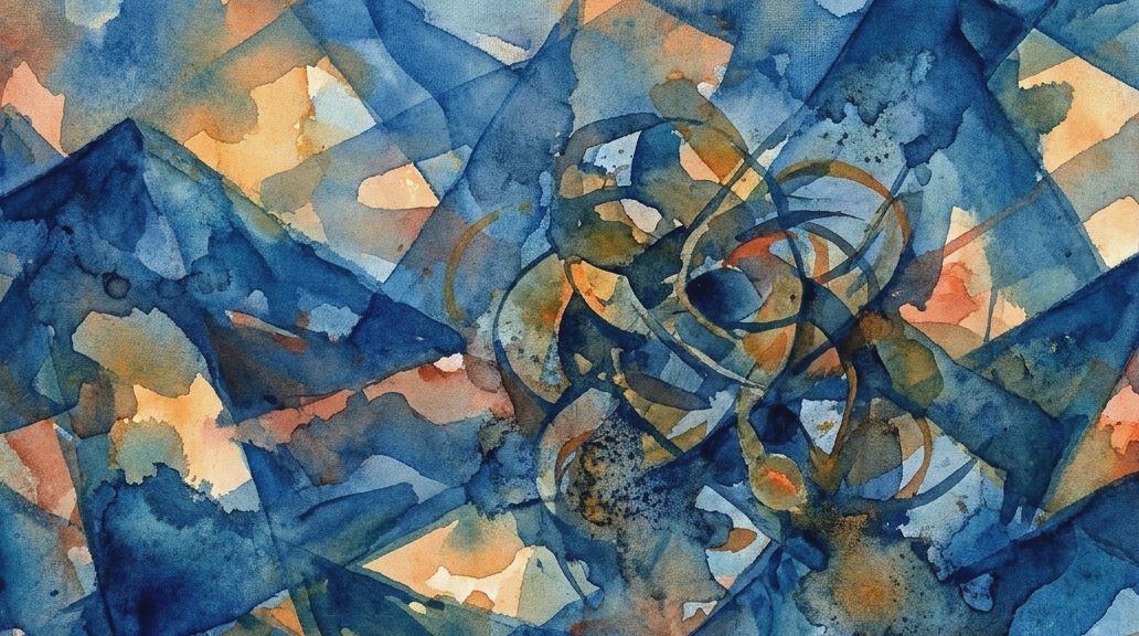 An abstract watercolor of rugged blue mountains surrounding a central, swirling, isolated knot.