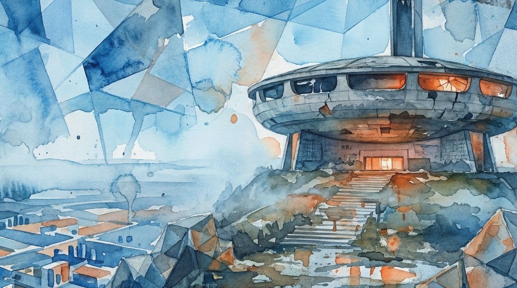 A fragmented watercolor view of the Buzludzha Monument saucer on a hill in blue and orange shades.