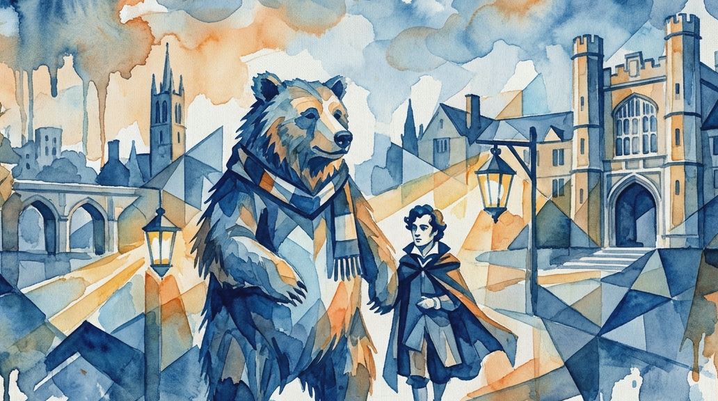 A geometric watercolor painting in blues and oranges shows Byron and a bear walking in a.