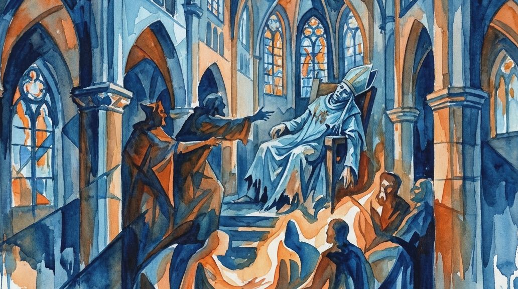 A watercolor in blues and oranges shows the Cadaver Synod trial of a dead pope on a throne.