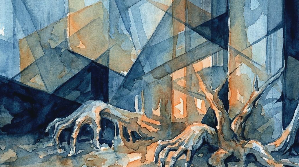 A watercolor painting shows gnarled roots frozen in a claw-like cadaveric spasm in blues and.