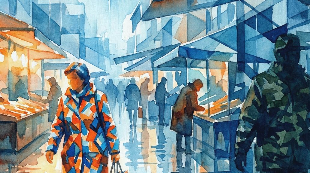 A watercolor painting in blues and oranges shows people at a market, some wearing camouflage.