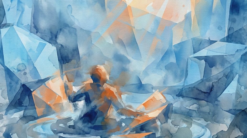 A watercolor painting shows a figure in a canyon pool, with obscured arms in blues and oranges.