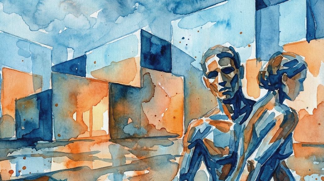 A blue and orange watercolor painting shows two disconnected figures who seem like strangers.