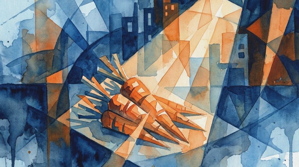 Watercolor artwork shows carrots under a bright orange light amidst dark blue angular city shapes.