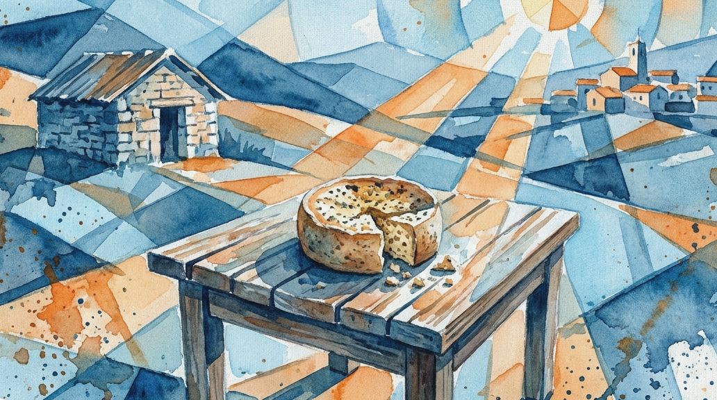 A watercolor painting in blues and oranges shows Casu Marzu cheese on a rustic wooden table.