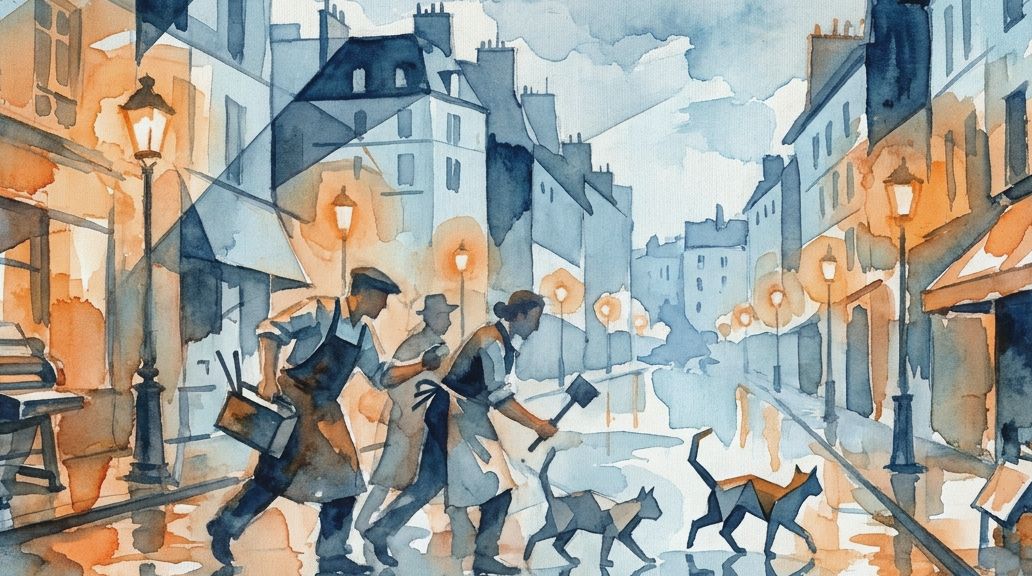 This watercolor in blues and oranges depicts men and cats on a wet street in historic Paris.