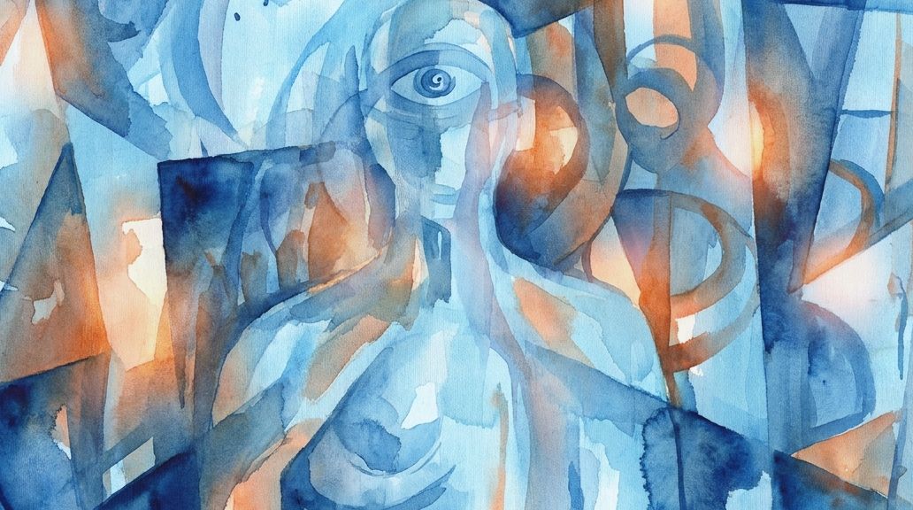 A blue and orange watercolor depicts a fragmented one-eyed figure illustrating visual.