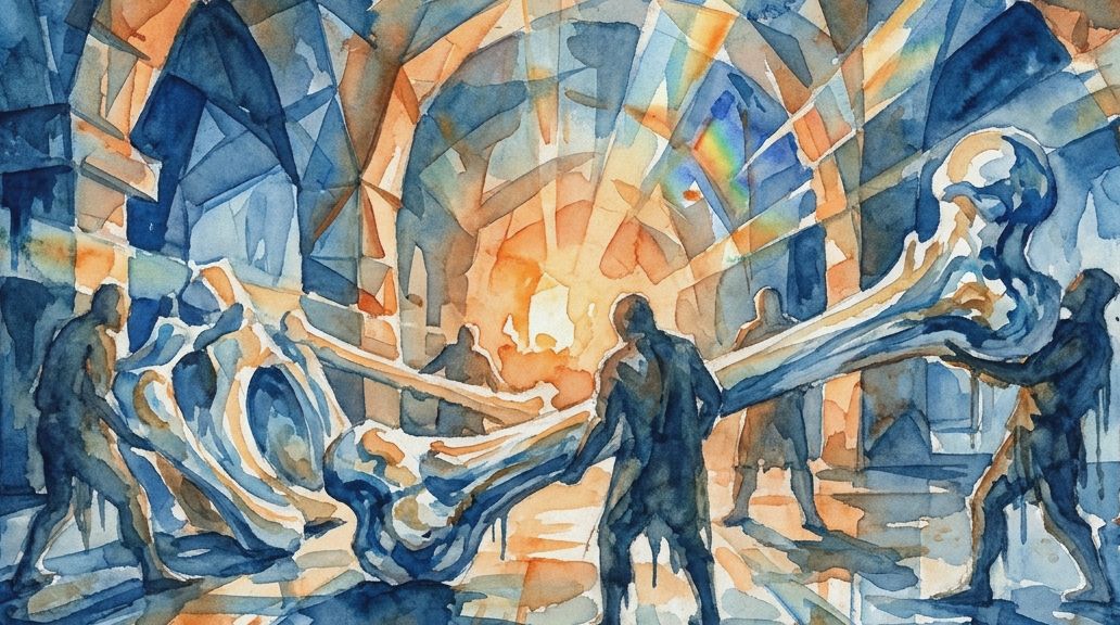Figures carry the massive Charles Byrne bones in a deep blue and orange watercolor painting.