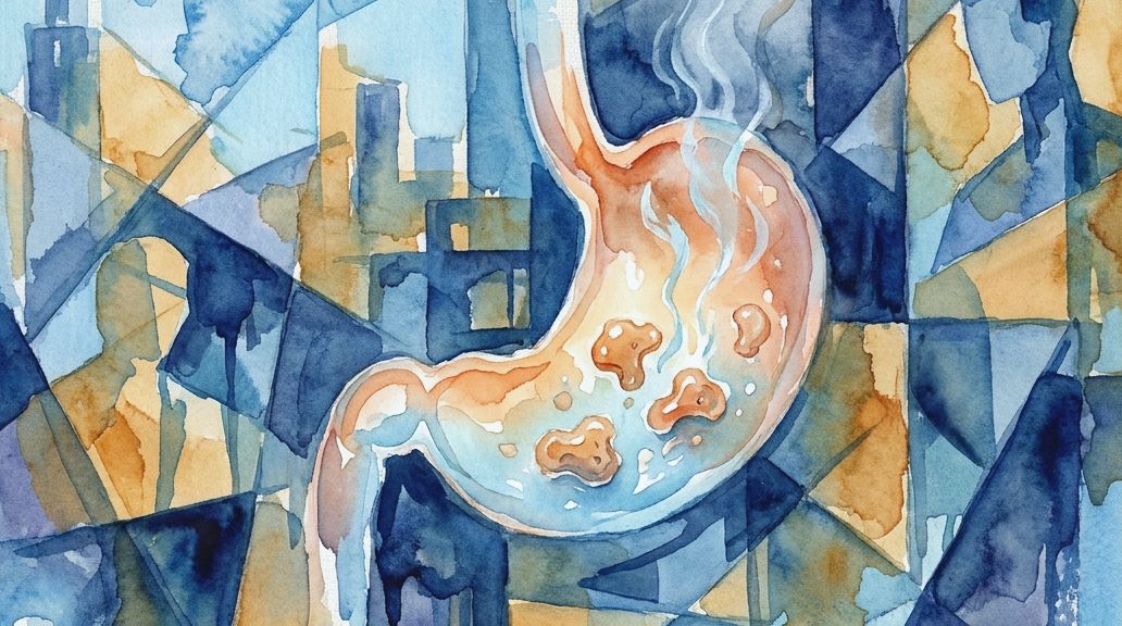 A watercolor painting shows a stomach with swallowed gum-like masses in blue and orange tones.
