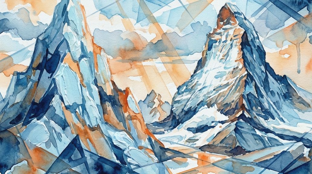A watercolor painting of Chimborazo's peaks in blues and oranges with abstract lines.