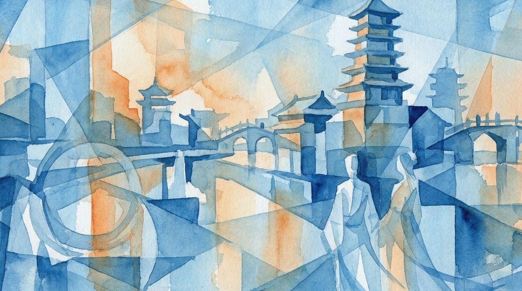 Blue and orange watercolor depicts ancient Chinese structures in a fractured, timeless style.