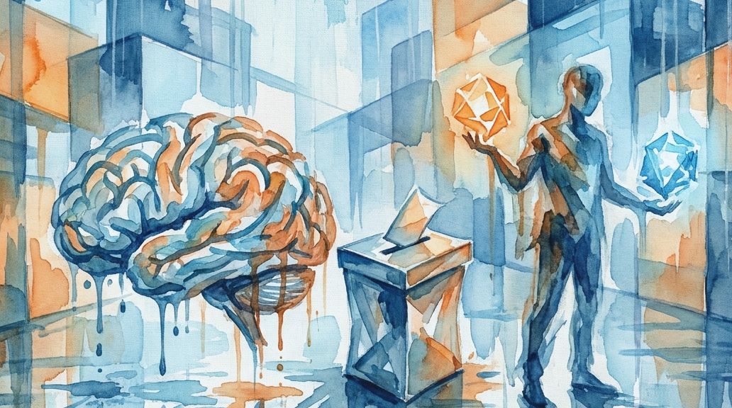 A blue and orange watercolor depicts a brain, a voting ballot box, and a figure holding two choices.
