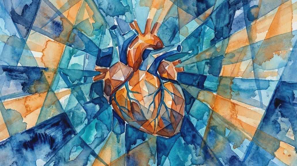 A watercolor painting showing clitoris anatomy rendered with blue and orange facets.