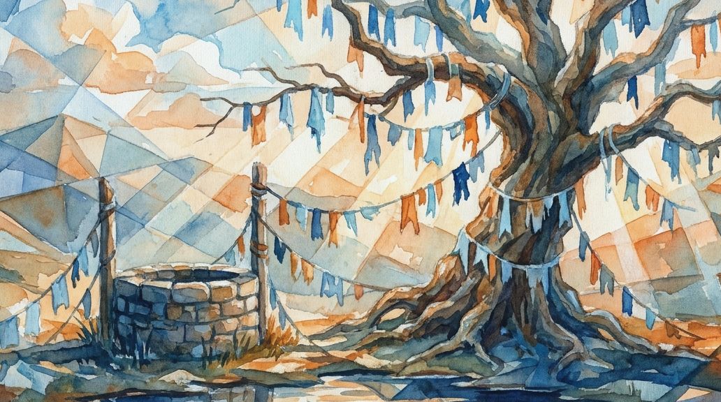 A watercolor painting in blues and oranges shows a stone well and a tree hung with many cloth rags.