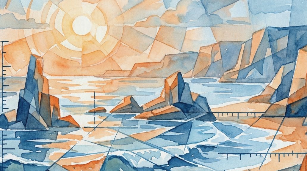 Watercolor painting of a fragmented coastline with sun and cliffs in blue and orange hues.