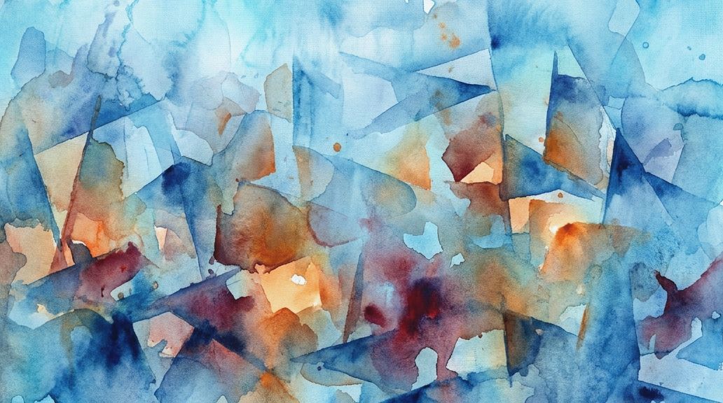 Abstract watercolor shapes in rich crimson cochineal dye tones contrasting with varied blues.