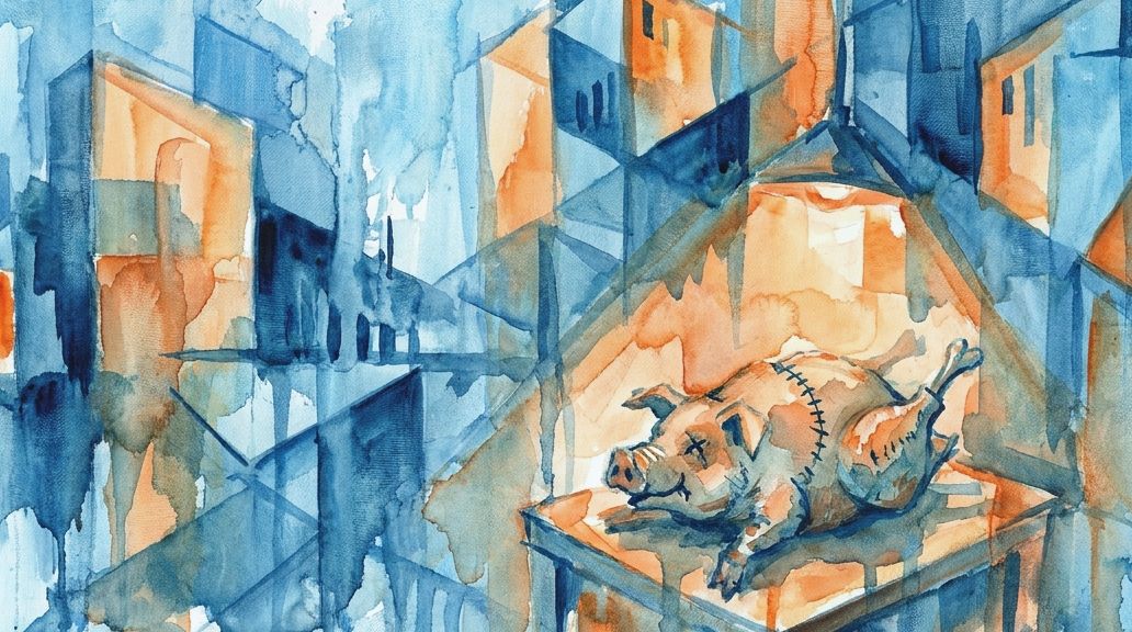 A watercolor painting in blue and orange hues displays a stitched cockentrice roast on a table.