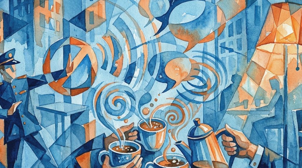An abstract watercolor illustration in blues and oranges shows an officer enforcing a coffee ban.