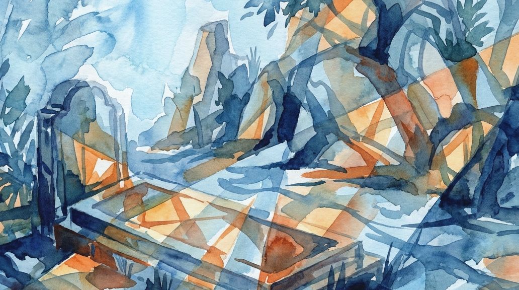A watercolor in blues and oranges shows light bursting from a coffin shape, suggesting rebirth.
