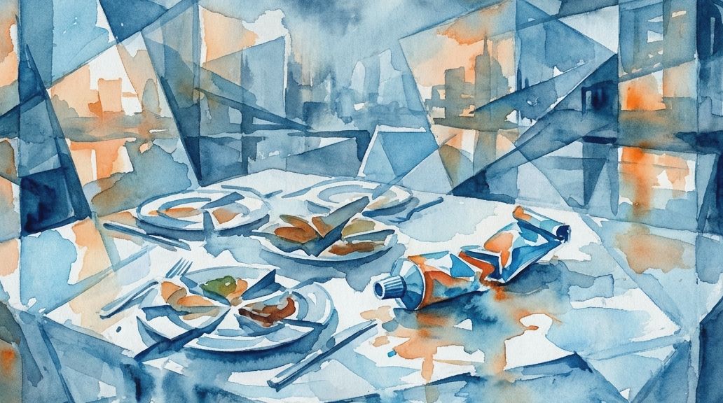 An abstract watercolor in blues and oranges depicts food plates and a squeezed tube on a table.