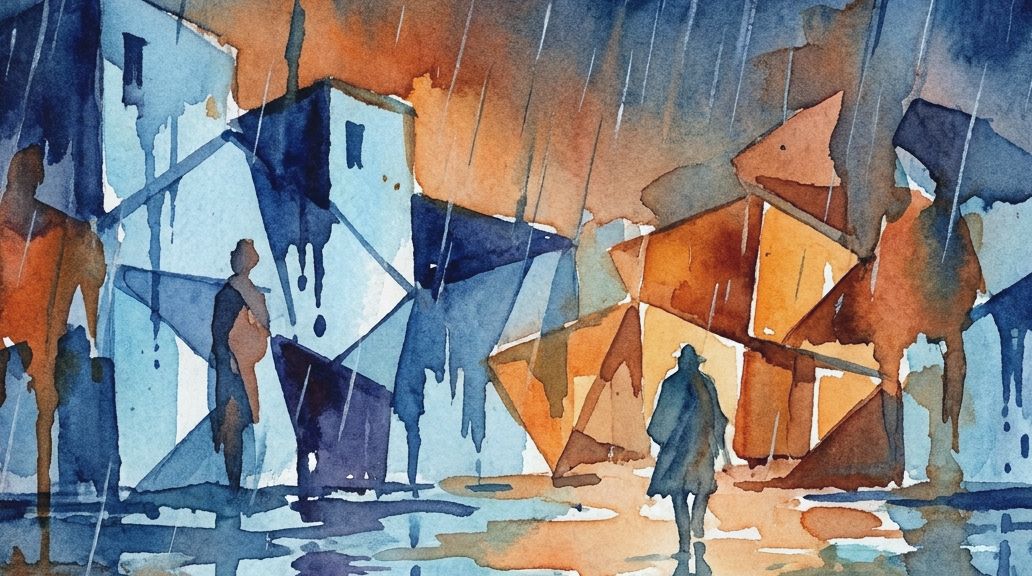 A central figure walks amidst intense blue rain and orange light in this expressive watercolor.