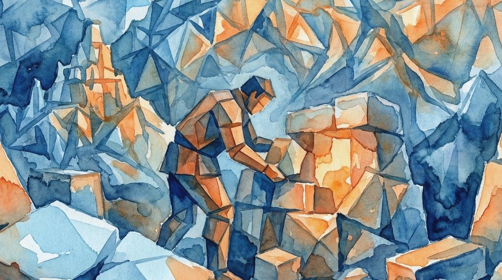 A watercolor painting in blues and oranges shows a figure constructing with large stone blocks.