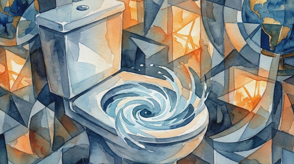 Watercolor shows swirling water in a toilet bowl flanked by two globes in blue and orange shades.