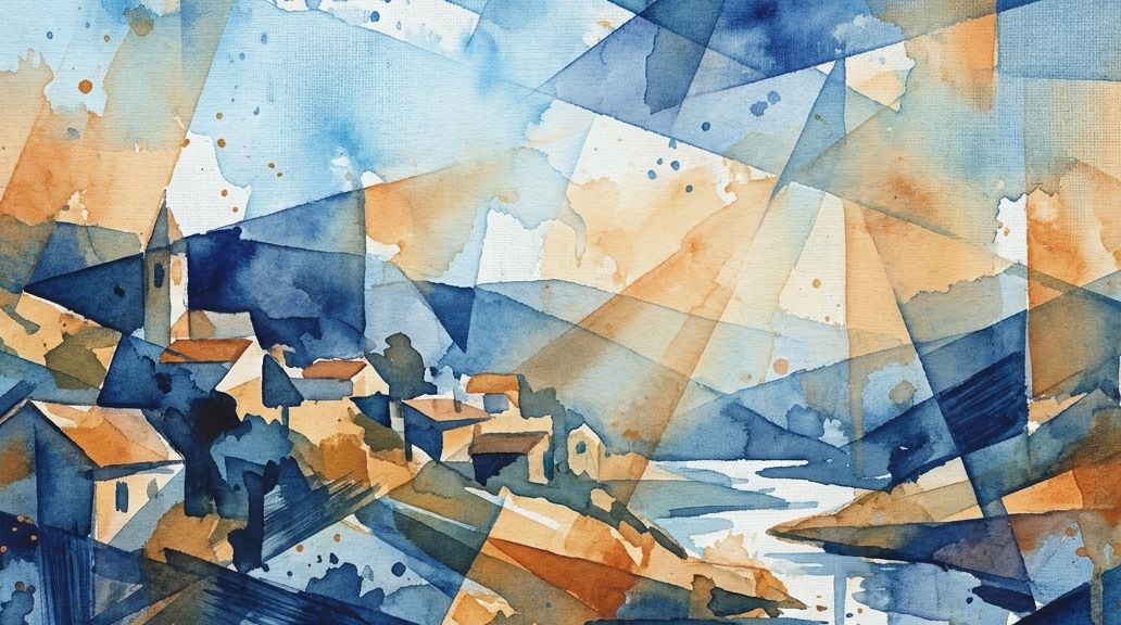 Overlapping watercolor layers in blues and earth tones depict the Cospaia Republic village.