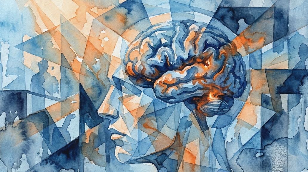 A watercolor portrait in blues and oranges of a fractured head and brain for Cotard delusion.