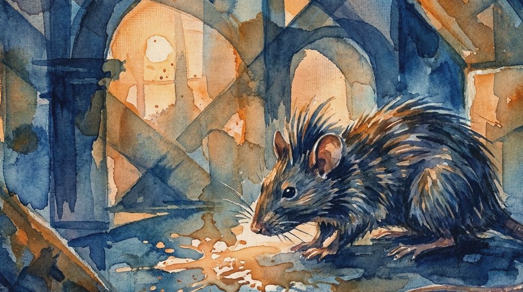 A watercolor painting shows a spiky crested rat eating poison crumbs in a blue and orange cellar.