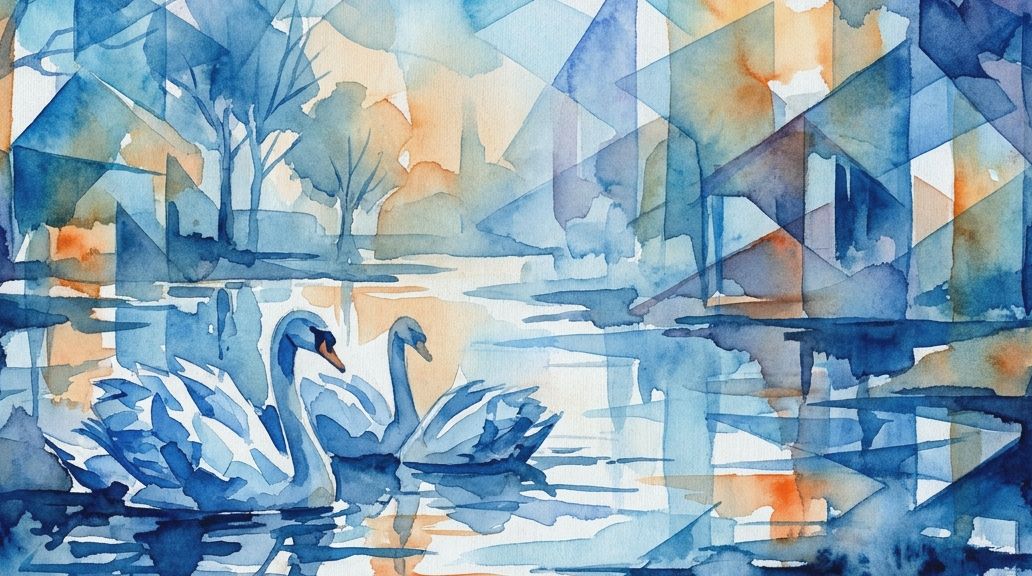 Majestic swans glide in a stylized blue and orange watercolor realm signifying crown rights.