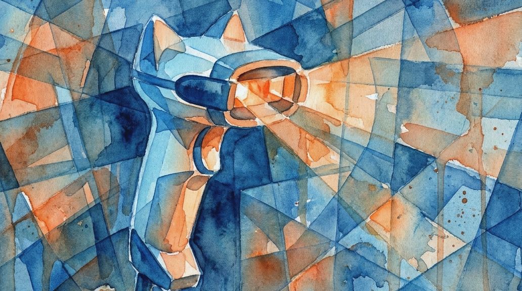 Blue and orange watercolor art shows a handheld cat-themed barcode scanner projecting light.