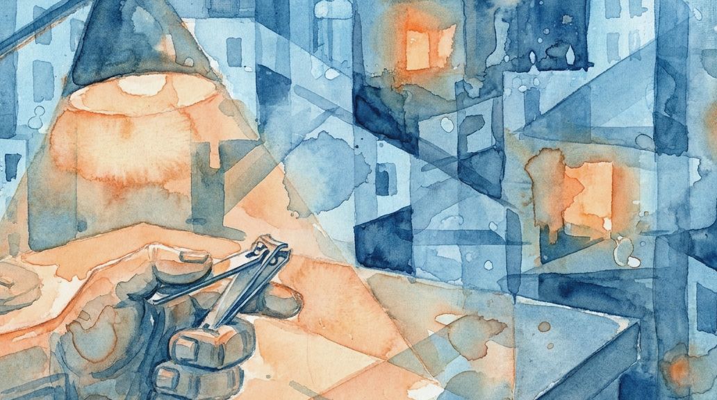A layered watercolor painting in blues and oranges shows a hand cutting nails under a lamp at night.