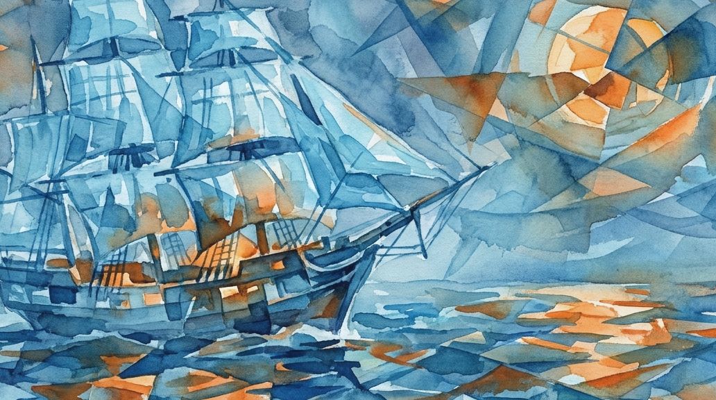 A fragmented watercolor in deep blues and amber shows a large ship vanishing into a stormy ocean.