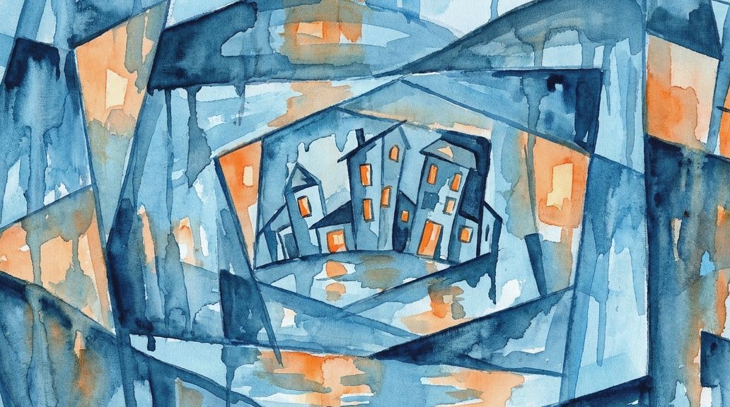 A layered watercolor of houses in blues and oranges, symbolizing the Dahala Khagrabari enclave.