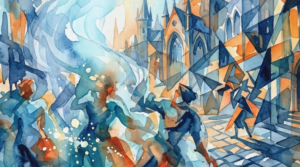 A watercolor painting in deep blues and oranges shows frenzied dancing figures before a gothic town.