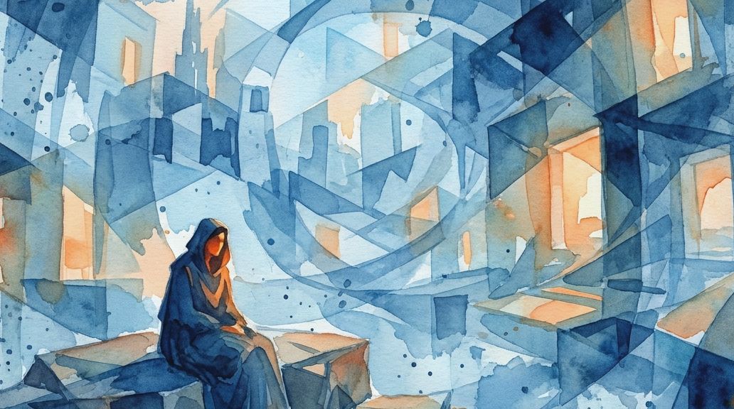 A watercolor painting in blues and oranges shows a hooded figure among fractured urban structures.