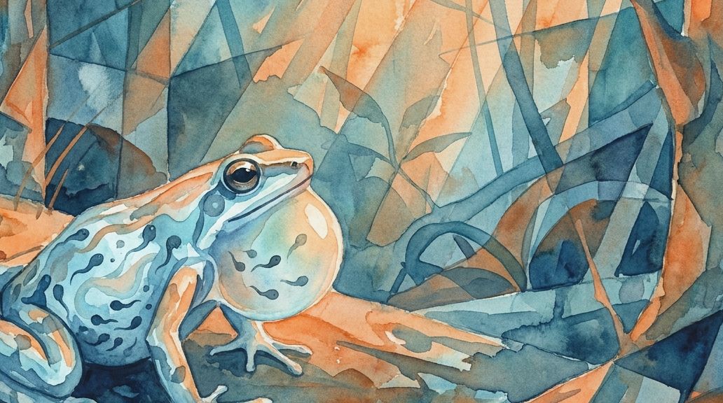 A fractured watercolor painting of a Darwin's frog brooding tadpoles in deep blues and oranges.