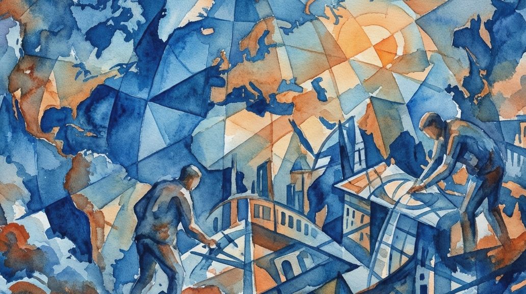 Two figures work on a fragmented world map and gears in a deep blue and orange watercolor painting.