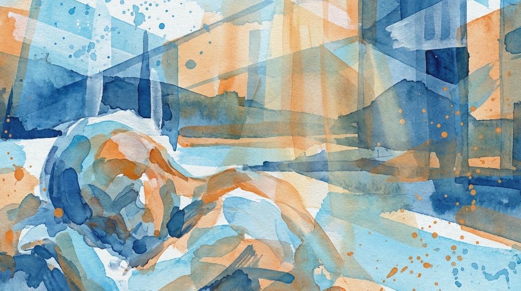 A watercolor painting depicts a passive figure huddled against abstract blue and orange backgrounds.