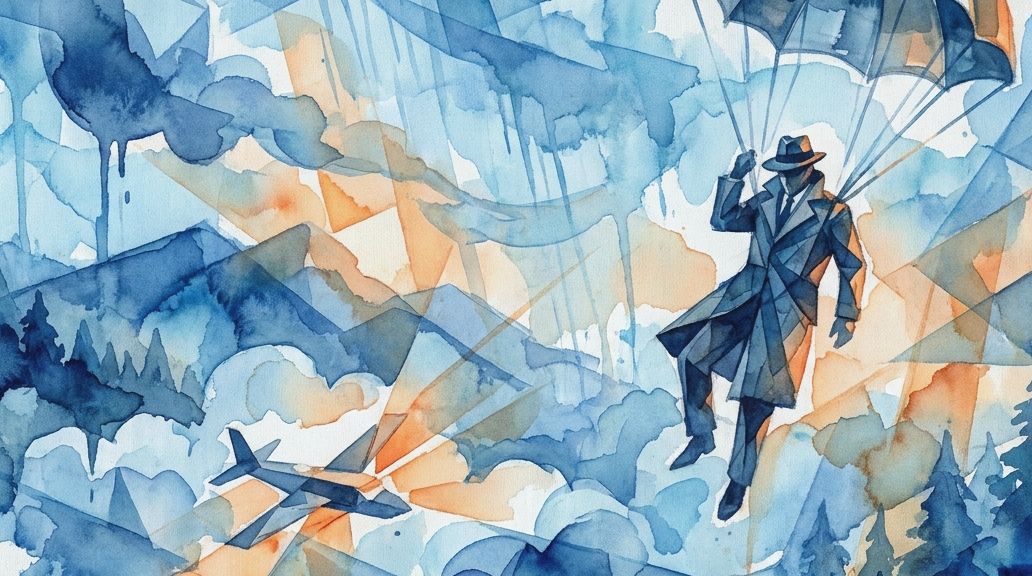 A watercolor in blues and oranges shows a hijacker figure parachuting from a plane over a forest.