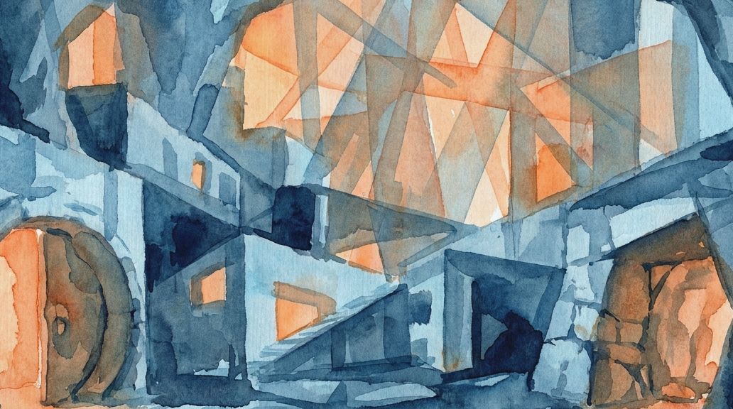 A watercolor shows circular rolling stone doors in underground tunnels in blues and warm oranges.
