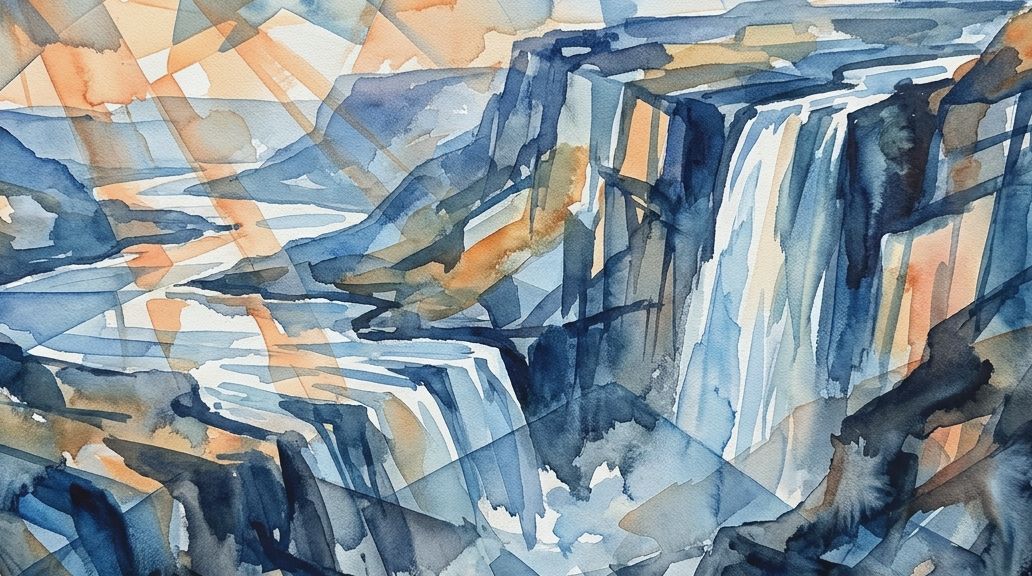 An abstract watercolor of a mysterious waterfall with a split flow in deep blue and orange hues.